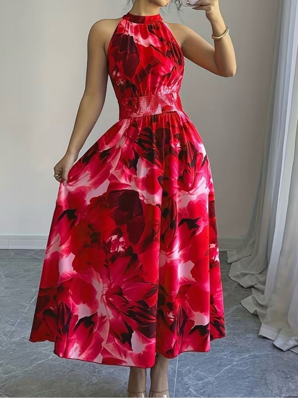 Halter Floral A-Line Dress in Red